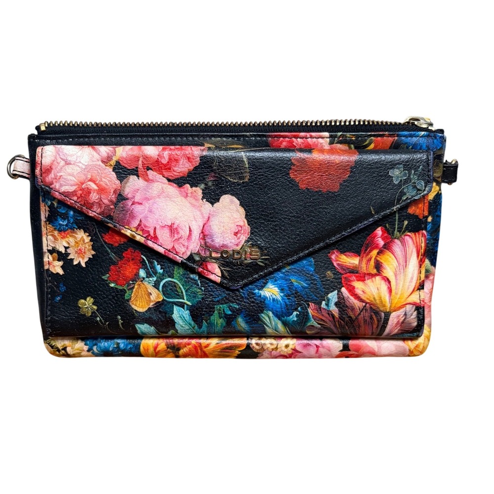 Lodis Black Floral Leather Crossbody Wallet Envelope Clutch Women's Size hi OS